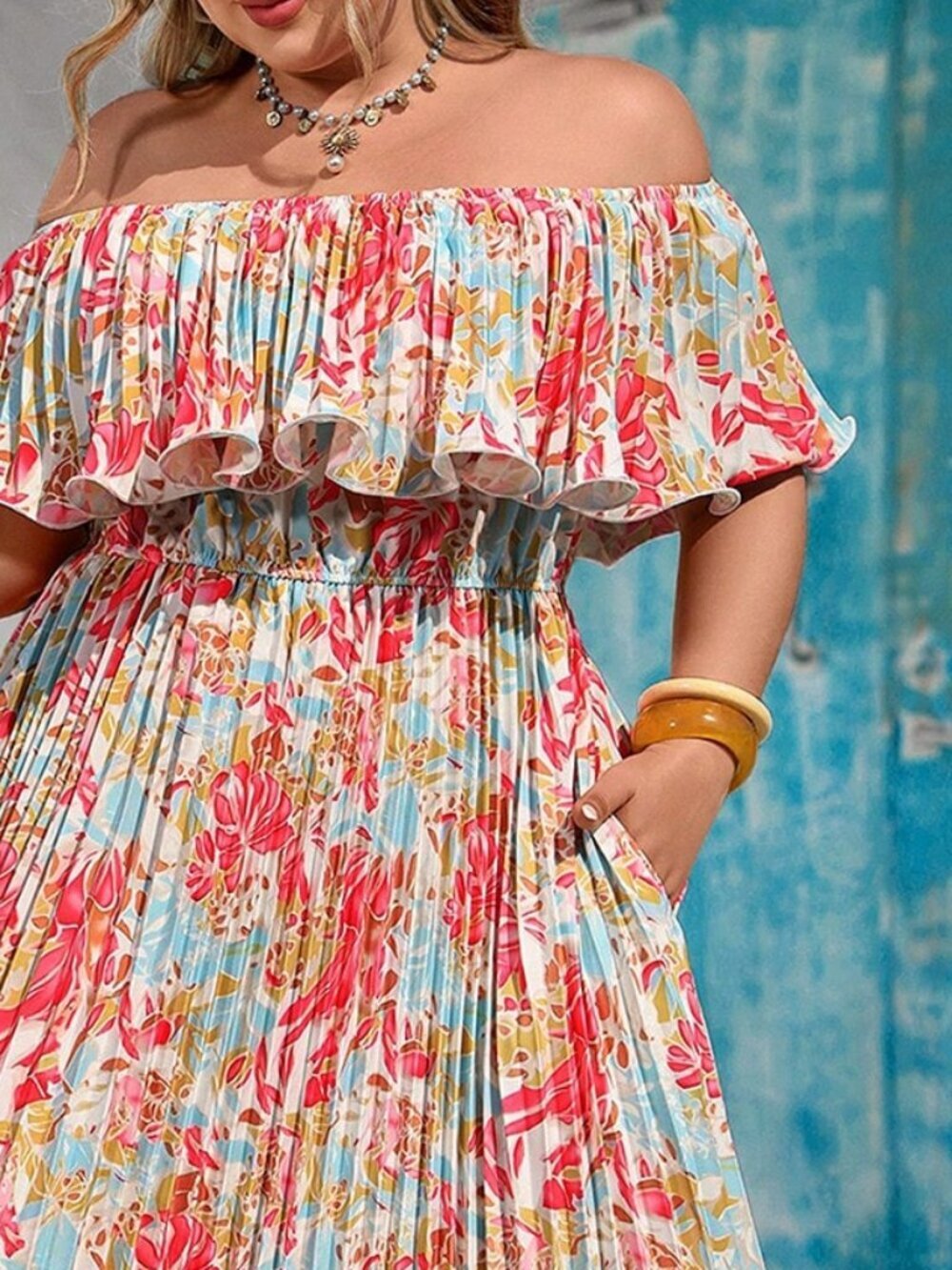 Pink Boho Plus Size Women's Floral Print Off-Shoulder Maxi Dress - Picture 4 of 11